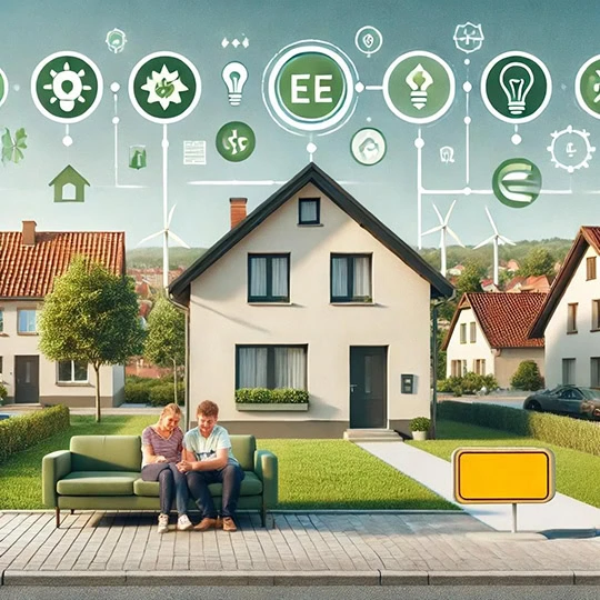 Ein Paar sitzt auf einem Sofa vor einem modernen Haus in Frankfurt, über ihnen Symbole für Energieeffizienz