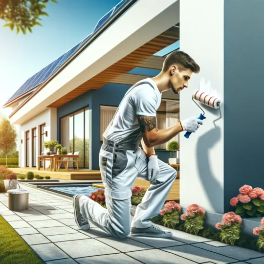 Handwerker kniet vor einem modernen Haus mit Solaranlage und streicht die Fassade in Lüttchendorf