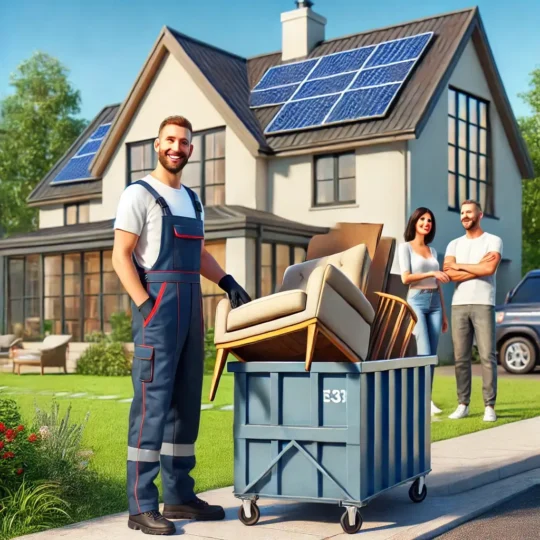 Ein Entsorgungsdienstleister in Lüttchendorf entsorgt alte Möbel in einem Container vor einem modernen Haus mit Solaranlage. Ein Paar schaut zufrieden zu.