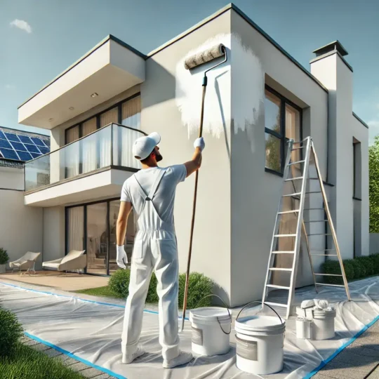 Ein professioneller Maler in Lüttchendorf streicht die Fassade eines modernen Hauses mit einer Farbrolle. Schutzfolien und Farbkübel sind sorgfältig vorbereitet.