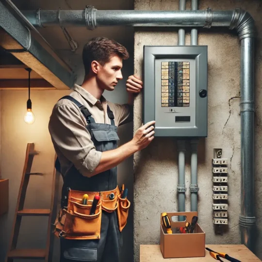 Ein Elektriker in Lüttchendorf überprüft sorgfältig die Sicherungen in einem Sicherungskasten im Keller eines Hauses. Er trägt Arbeitskleidung und einen Werkzeuggürtel.