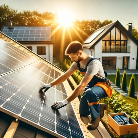 Solartechniker installiert Solarpanels auf einem Dach in Lüttchendorf, Deutschland, mit der Sonne im Hintergrund.