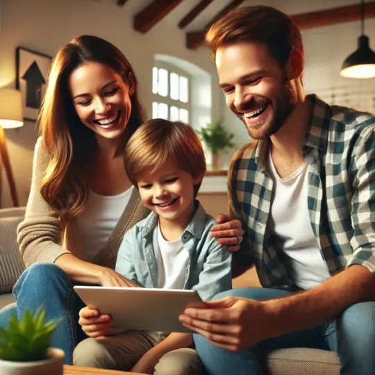 Eine glückliche Familie in Lüttchendorf sitzt auf dem Sofa und vergleicht Stromtarife auf einem Tablet. Sie lachen und wirken zufrieden mit ihrer Entscheidung.