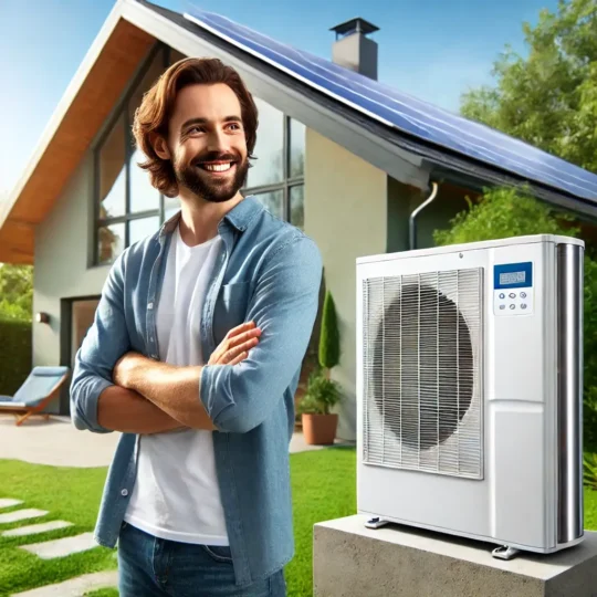 Ein zufriedener Hausbesitzer in Lüttchendorf steht mit verschränkten Armen neben einer Wärmepumpe vor seinem modernen, energieeffizienten Haus mit Solaranlage.