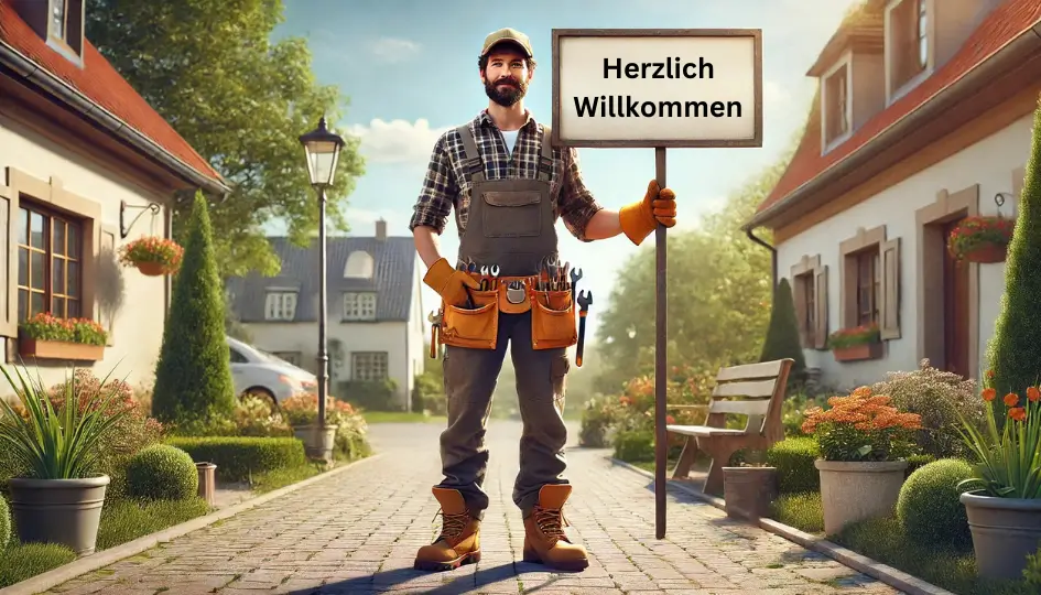 Willkommen daheim Handwerker mit Werkzeuggürtel hält ein 'Herzlich Willkommen'-Schild in einer idyllischen Straße in Lüttchendorf.