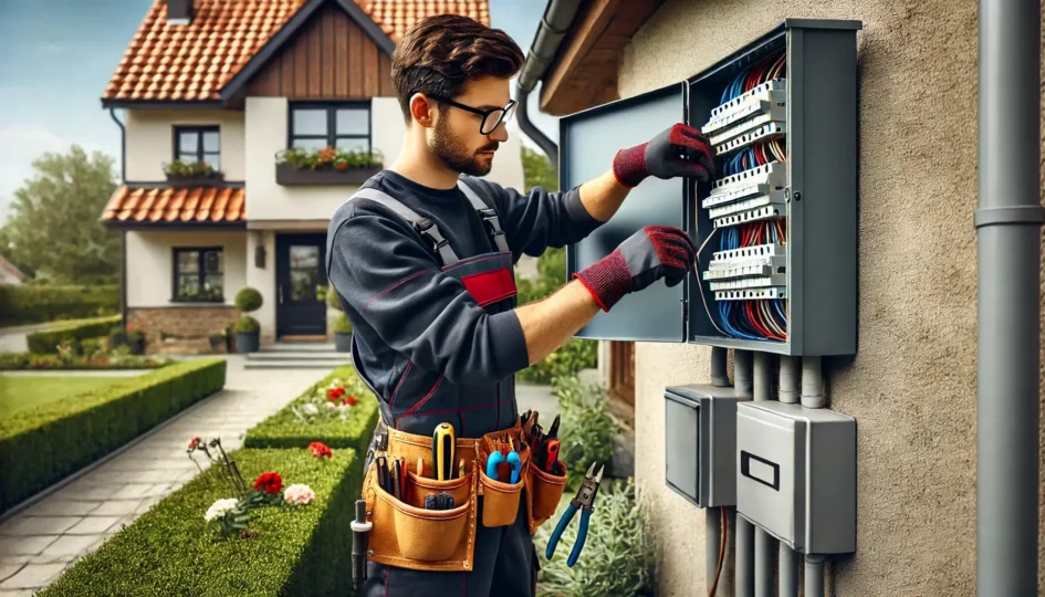 Ein Elektriker mit Brille steht vor einem Einfamilienhaus und richtet Kabel im offenen Außensicherungskasten.