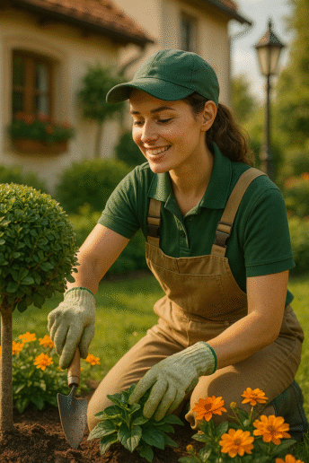 Gärtnerin bei der Gartenarbeit in Lüttchendorf Junge Gärtnerin pflanzt Blumen in einem gepflegten Garten in Lüttchendorf