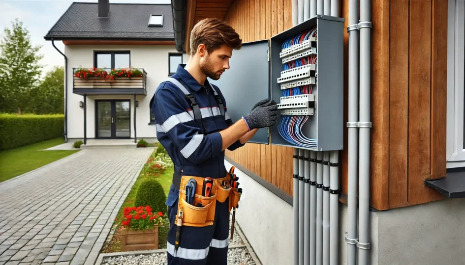 Ein Elektriker steht vor einem Holzhaus und arbeitet konzentriert an einem offenen Sicherungskasten mit ordentlich verlegten Kabeln.