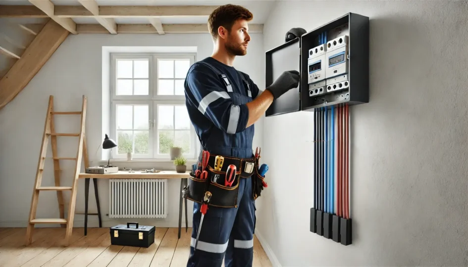 Ein Elektriker im blauen Arbeitsanzug montiert ein Stromverteilerfeld an einer weißen Wand in einem hellen Raum mit Holzdecke.