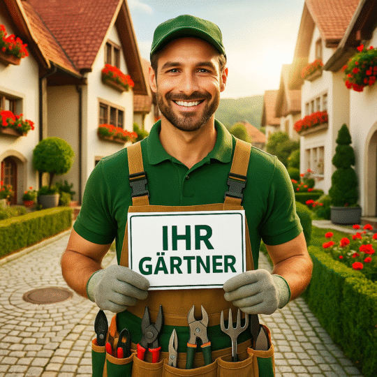 Freundlicher Gärtner mit Schild „Ihr Gärtner“ in einer gepflegten Wohnsiedlung
