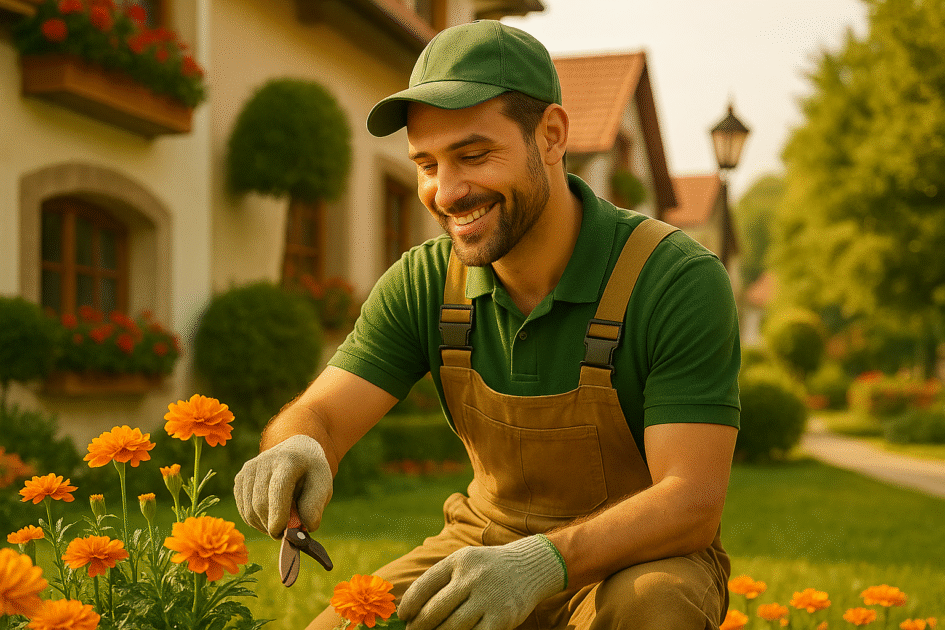 Männlicher Gärtner schneidet orangefarbene Blumen in einem gepflegten Garten