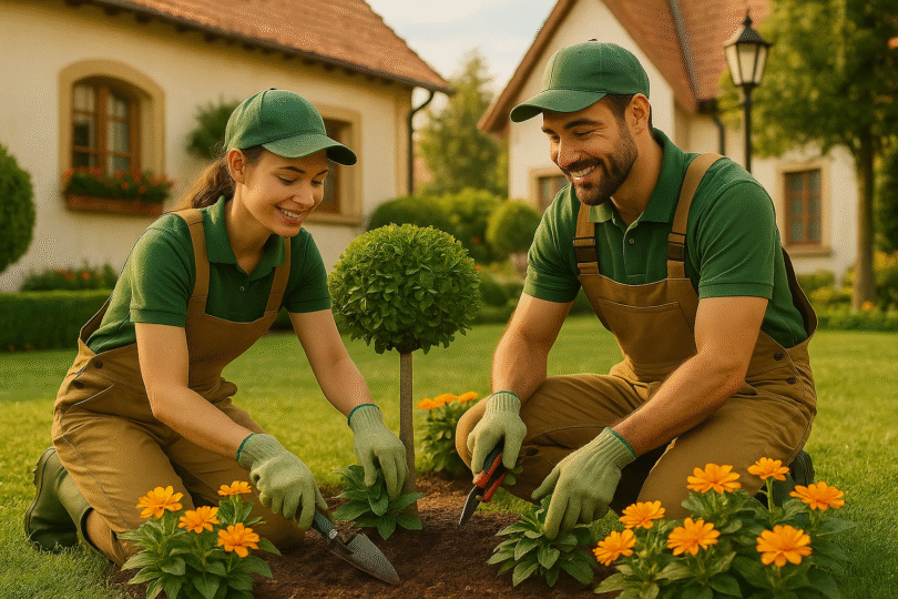 Zwei Gärtner pflegen gemeinsam ein Blumenbeet vor Einfamilienhäusern