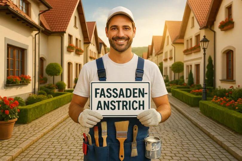 Lächelnder Maler mit Werkzeugen und Schild „Fassadenanstrich“ in Lüttchendorf