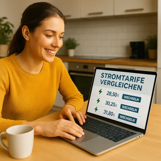 Stromtarife vergleichen in Köln leicht gemacht Junge Frau am Laptop beim Stromtarifvergleich mit Preisübersicht und Wechsel-Buttons