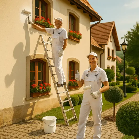Zwei Maler bei der Fassadenrenovierung eines Hauses in Lüttchendorf