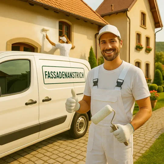 Maler vor Fahrzeug mit Aufschrift „Fassadenanstrich“ in Lüttchendorf