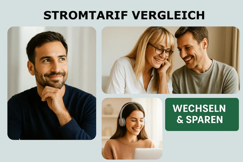 Verschiedene Menschen vergleichen Stromanbieter online, Schriftzug „Wechseln & Sparen“