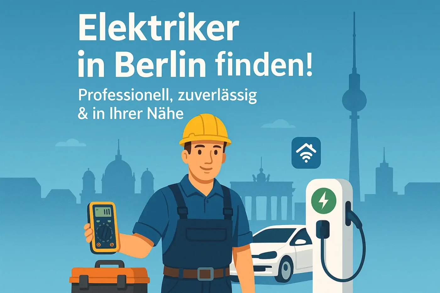Elektriker in Berlin mit Werkzeug und Wallbox vor Berliner Skyline