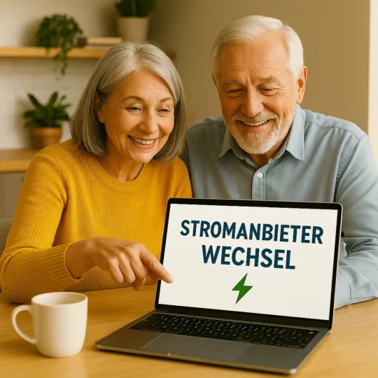 Älteres Paar lächelt beim gemeinsamen Stromanbieterwechsel über Laptop