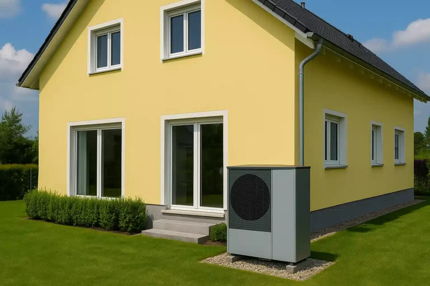 Moderne Luft-Wasser-Wärmepumpe vor einem gelben Einfamilienhaus in Potsdam bei Sonnenschein