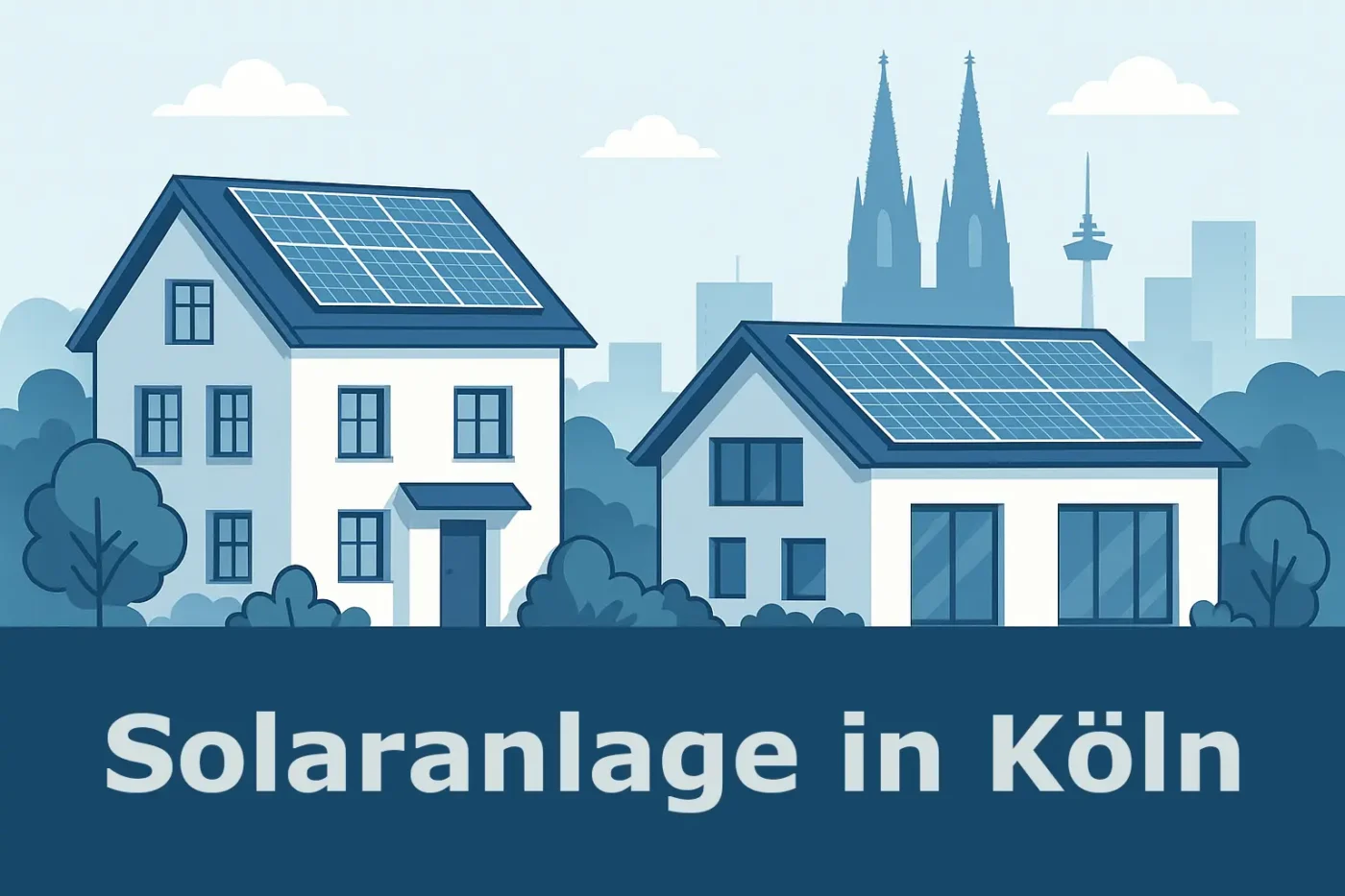 Zwei Häuser mit Solaranlage in Köln vor Skyline mit Kölner Dom und Colonius