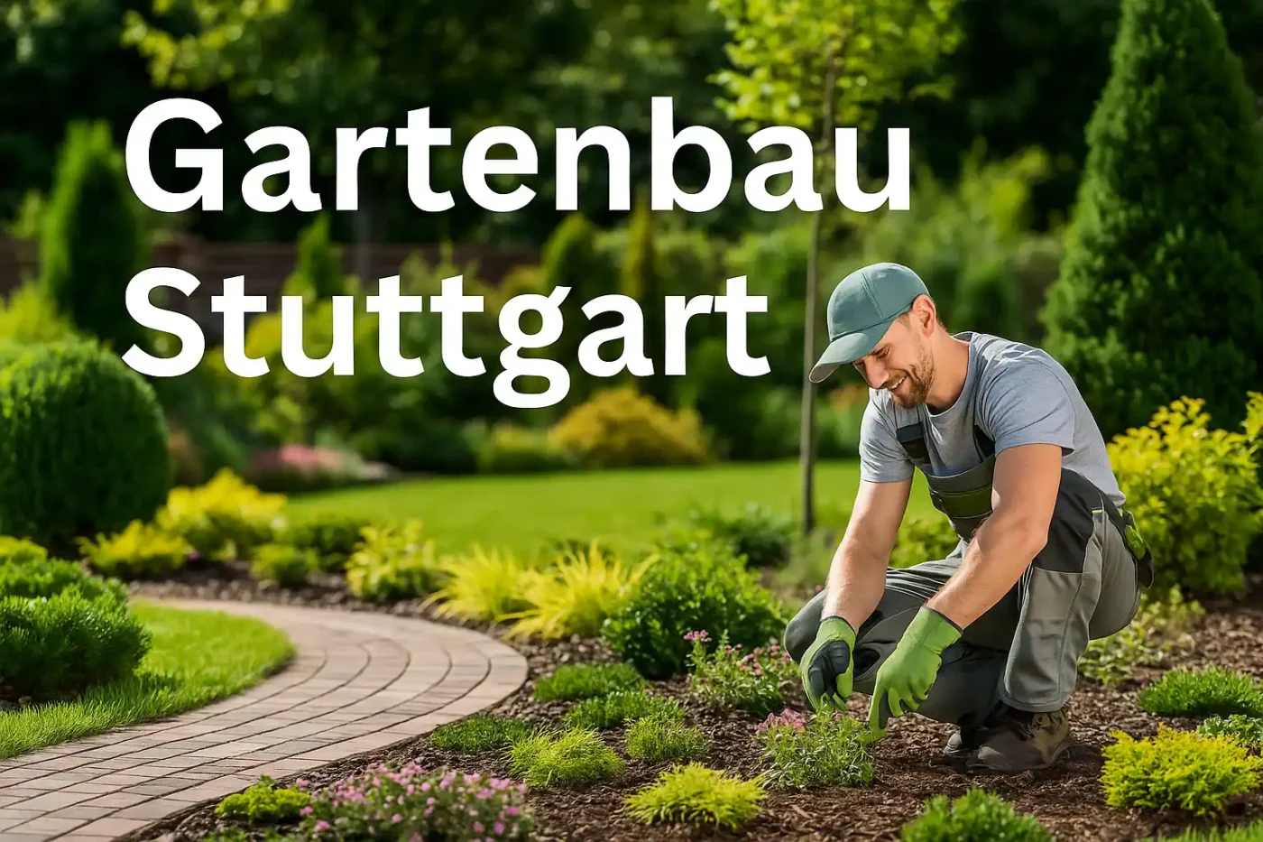 Gärtner bei der Pflanzenpflege in Stuttgart in gepflegtem Garten mit Wegen und Beeten