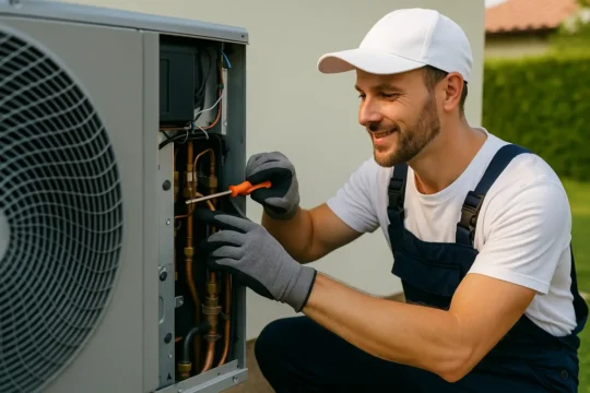 Fachgerechte Wartung einer Wärmepumpe in Lüttchendorf Heizungsmonteur arbeitet an einer geöffneten Wärmepumpe in Lüttchendorf