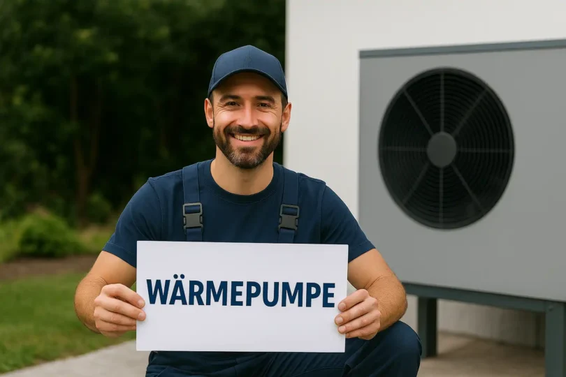 Monteur mit Schild „Wärmepumpe“ vor Außengerät in Lüttchendorf